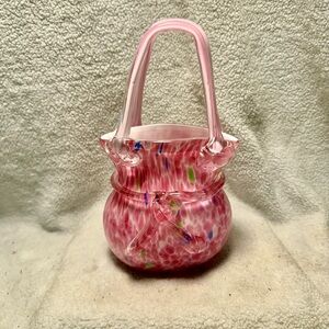 Hand BlownArt Glass Pink Purse Vase or use for pens , or makeup brushes etc